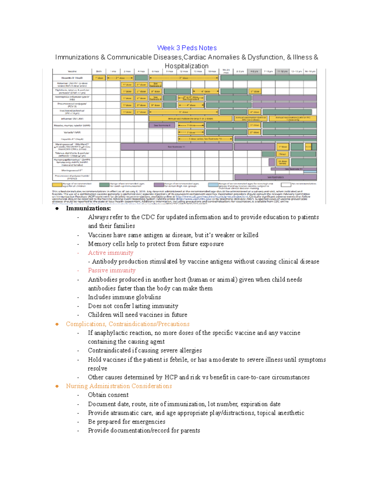 Week 3 Peds Notes - Week 3 Peds Notes Immunizations & Communicable ...