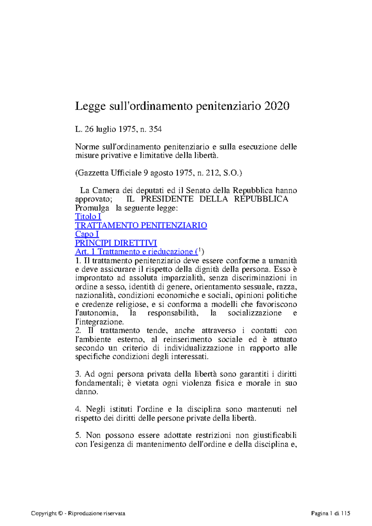 Legge Sull Ordinamento Penitenziario 2020 - 26 Luglio 1975, N. 354 ...