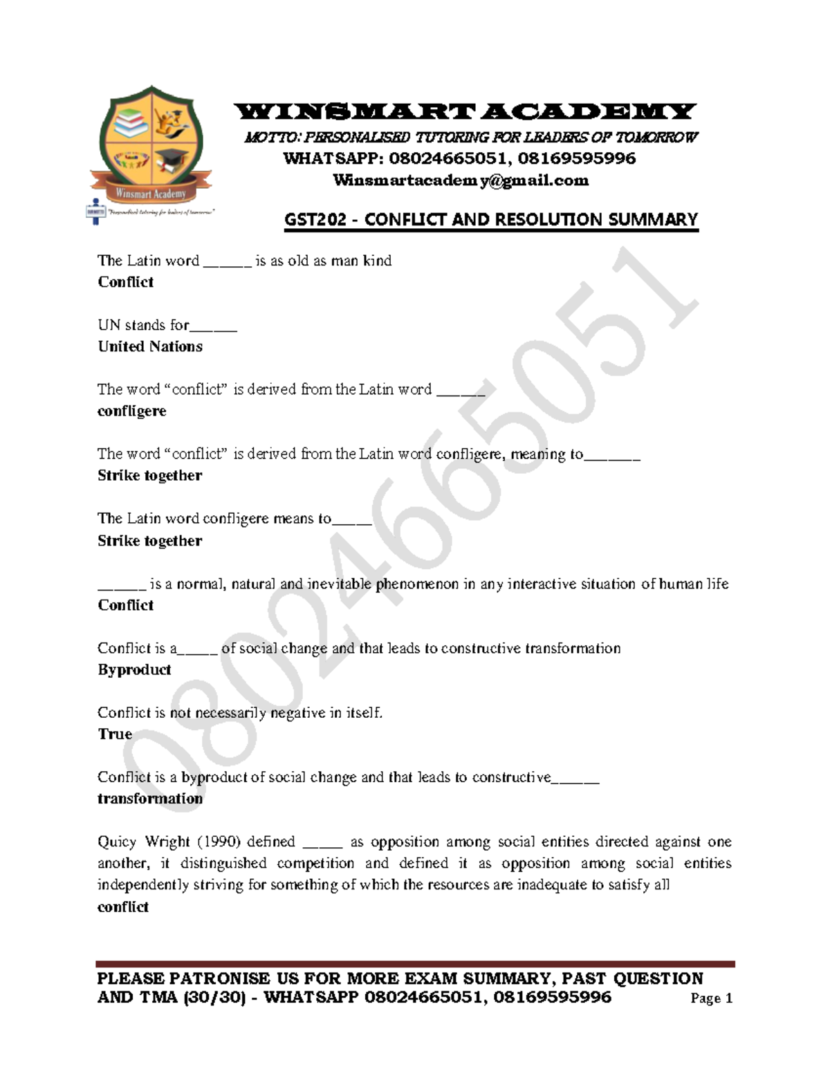 GST202 Conflict AND Resolution Summary 08024665051 - PLEASE PATRONISE ...