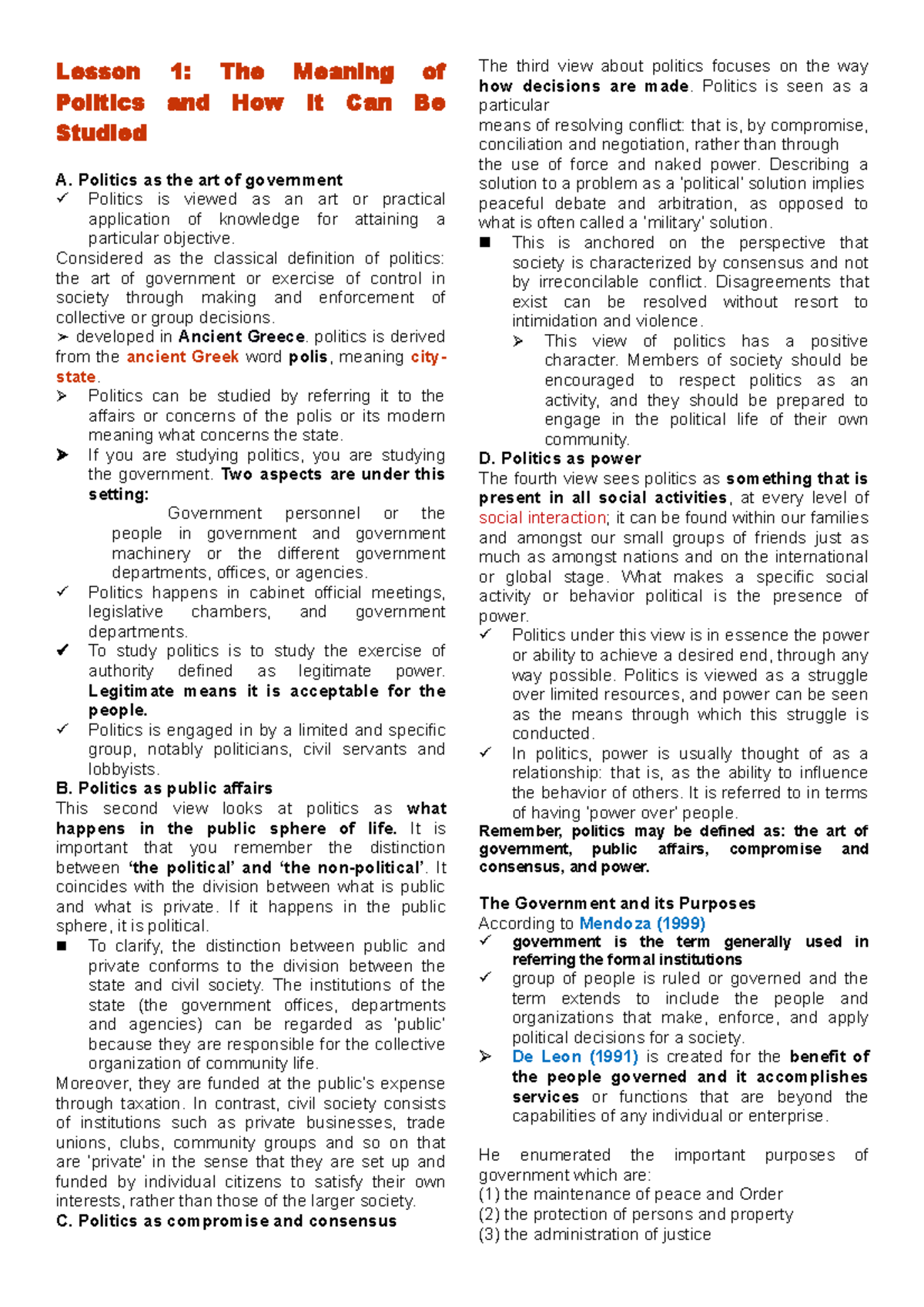 PPG W1 8 Notes it can help you Lesson 1 The Meaning of Politics