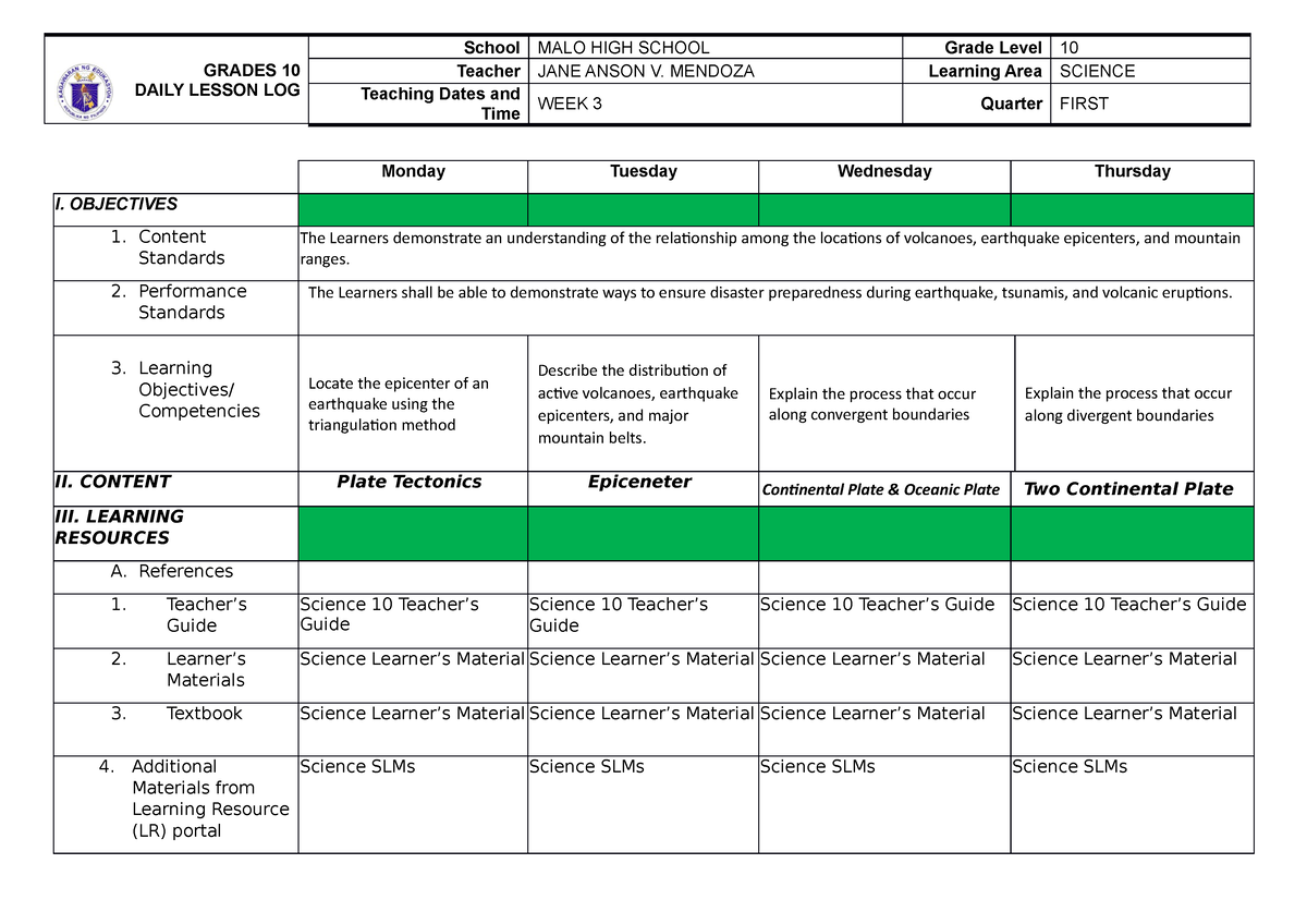 MATH 9 DLL WEEK 1 MATH BOOK GRADES 10 DAILY LESSON LOG School MALO 