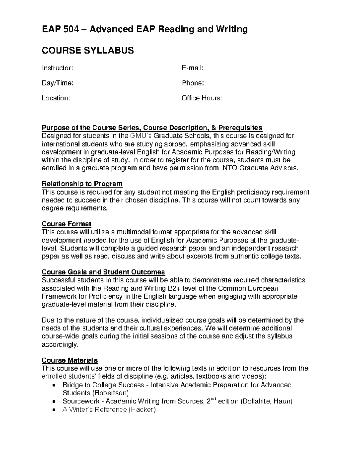 EAP504 Syllabus Fall 2016 EAP 504 Advanced EAP Reading and Writing