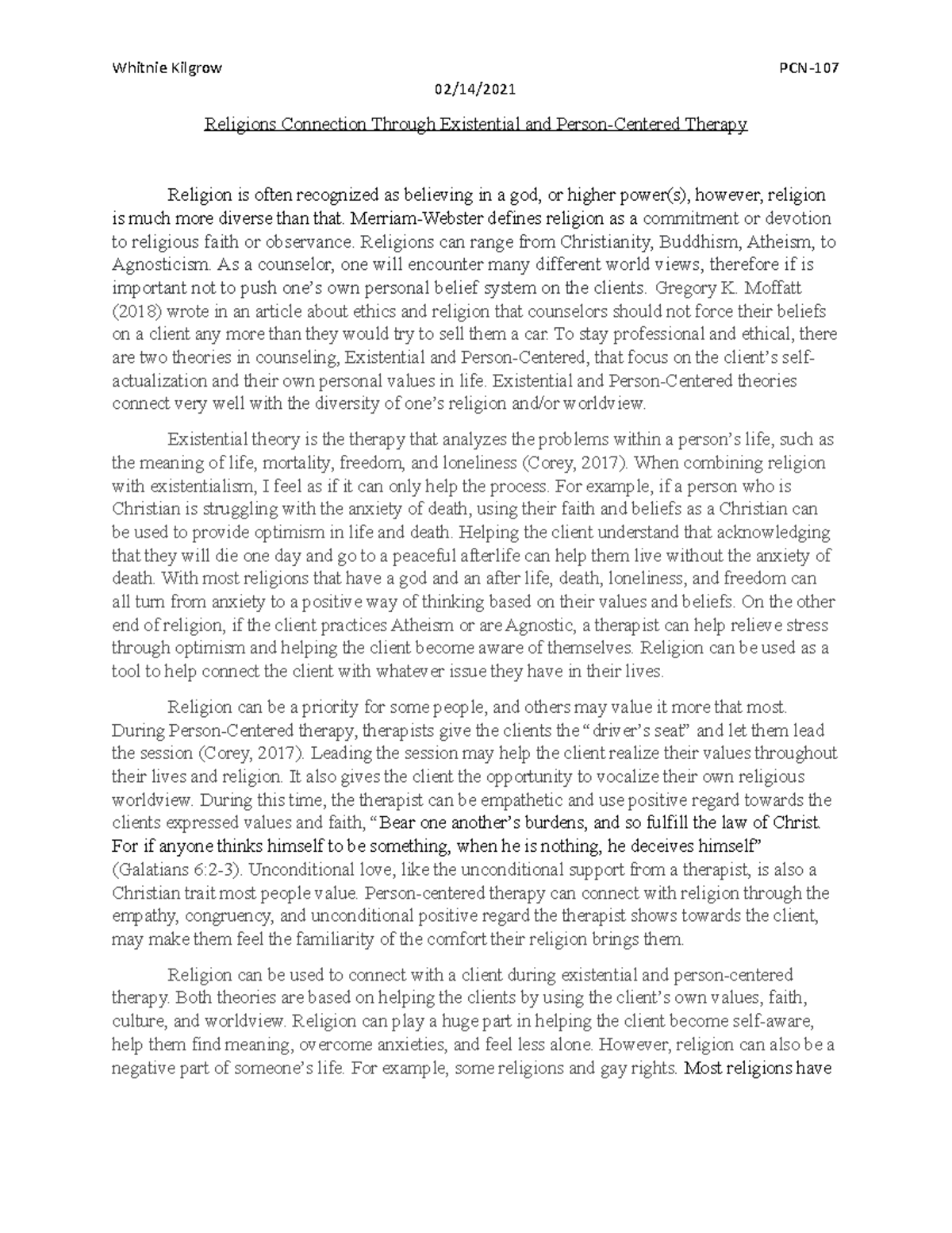 Whitnie Kilgrow T3 paper - Whitnie Kilgrow PCN- 02/14/ Religions ...