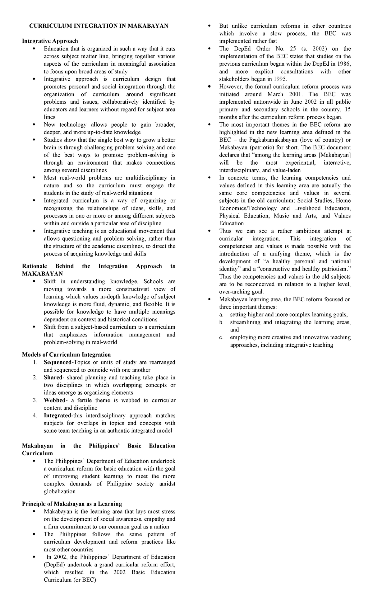 Curriculum Integration IN Makabayan - CURRICULUM INTEGRATION IN ...