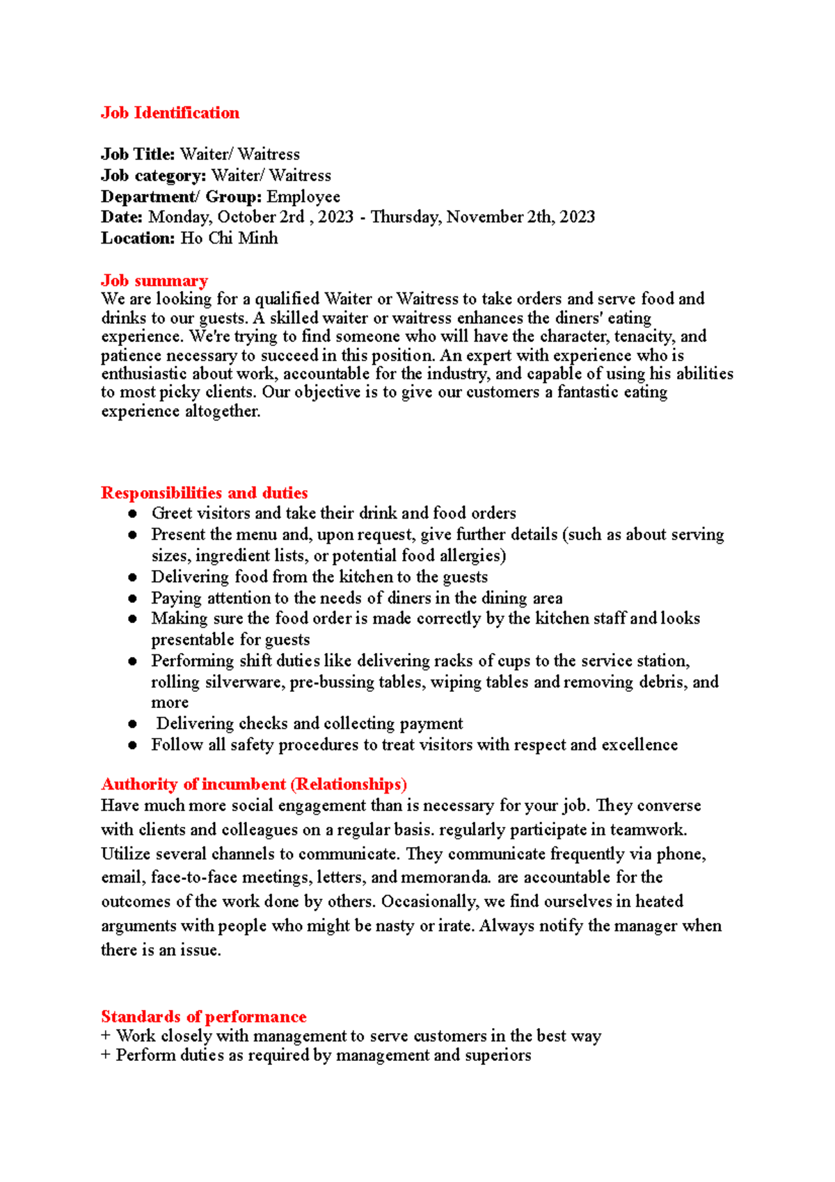 Job description 2023 Job Identification Job Title Waiter/ Waitress