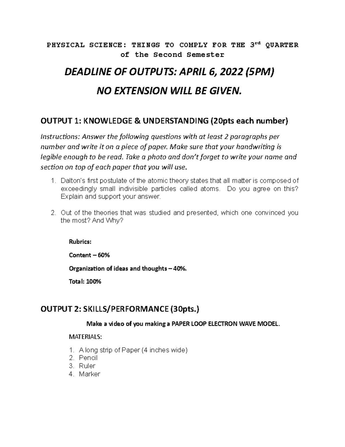 Physical Science 3RD. QTR - PHYSICAL SCIENCE: THINGS TO COMPLY FOR THE ...
