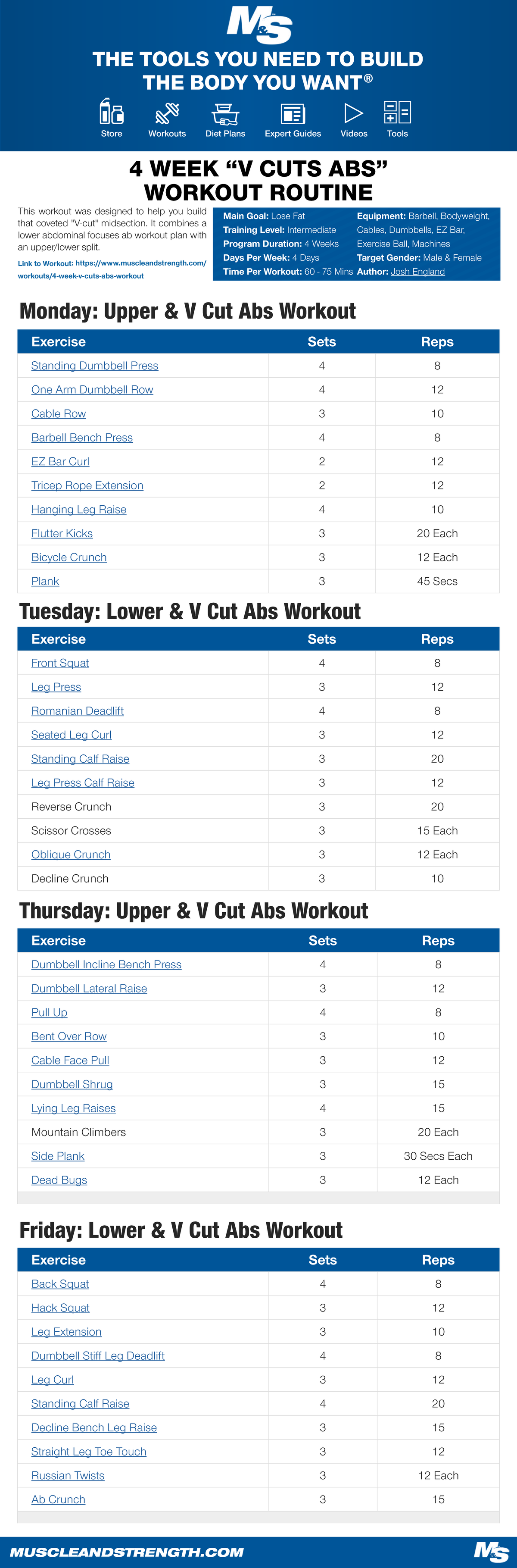 Four week cuts abs workout routine PDF - Monday: Upper & V Cut Abs ...