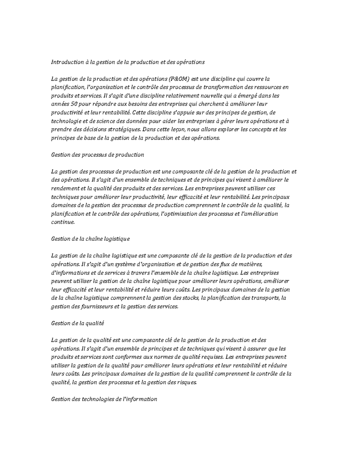Production and Operations Management note study - Introduction à la ...