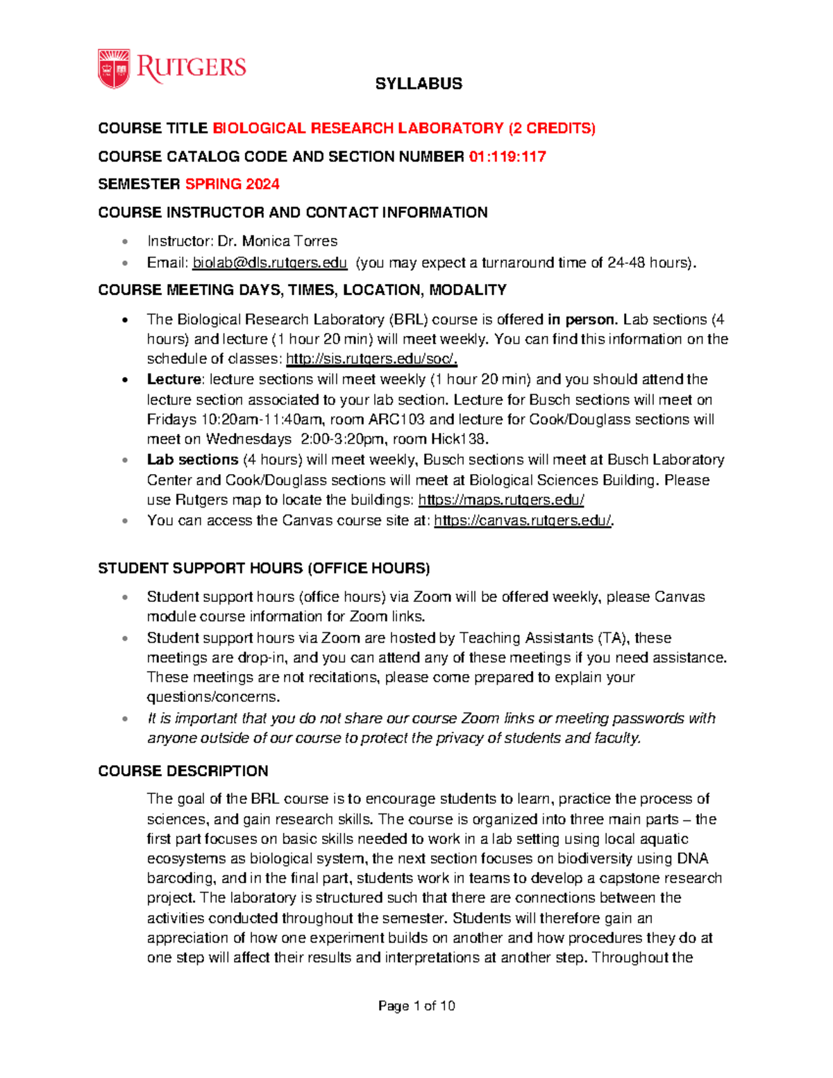 Syllabus Spring 2024 - COURSE TITLE BIOLOGICAL RESEARCH LABORATORY (2 ...
