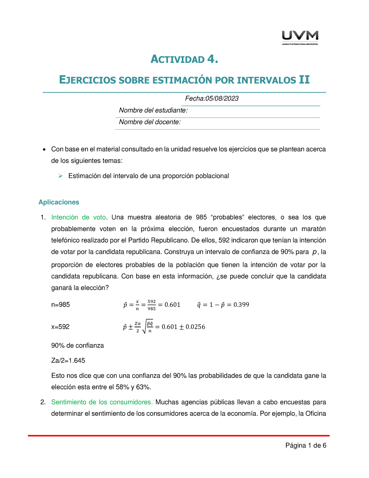 A4 Ejercicios - ACTIVIDAD 4. EJERCICIOS SOBRE ESTIMACI”N POR INTERVALOS ...