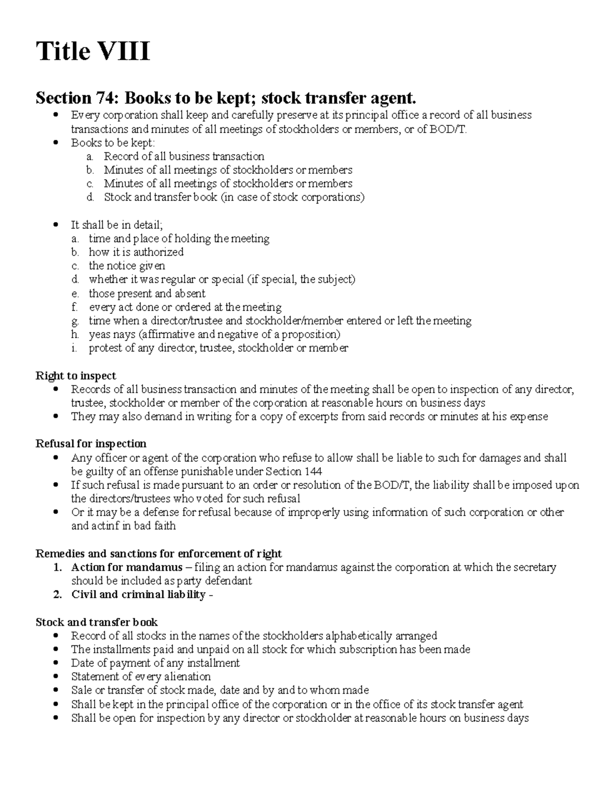 Title VIII (Corporate books and records) Title VIII Section 74 Books
