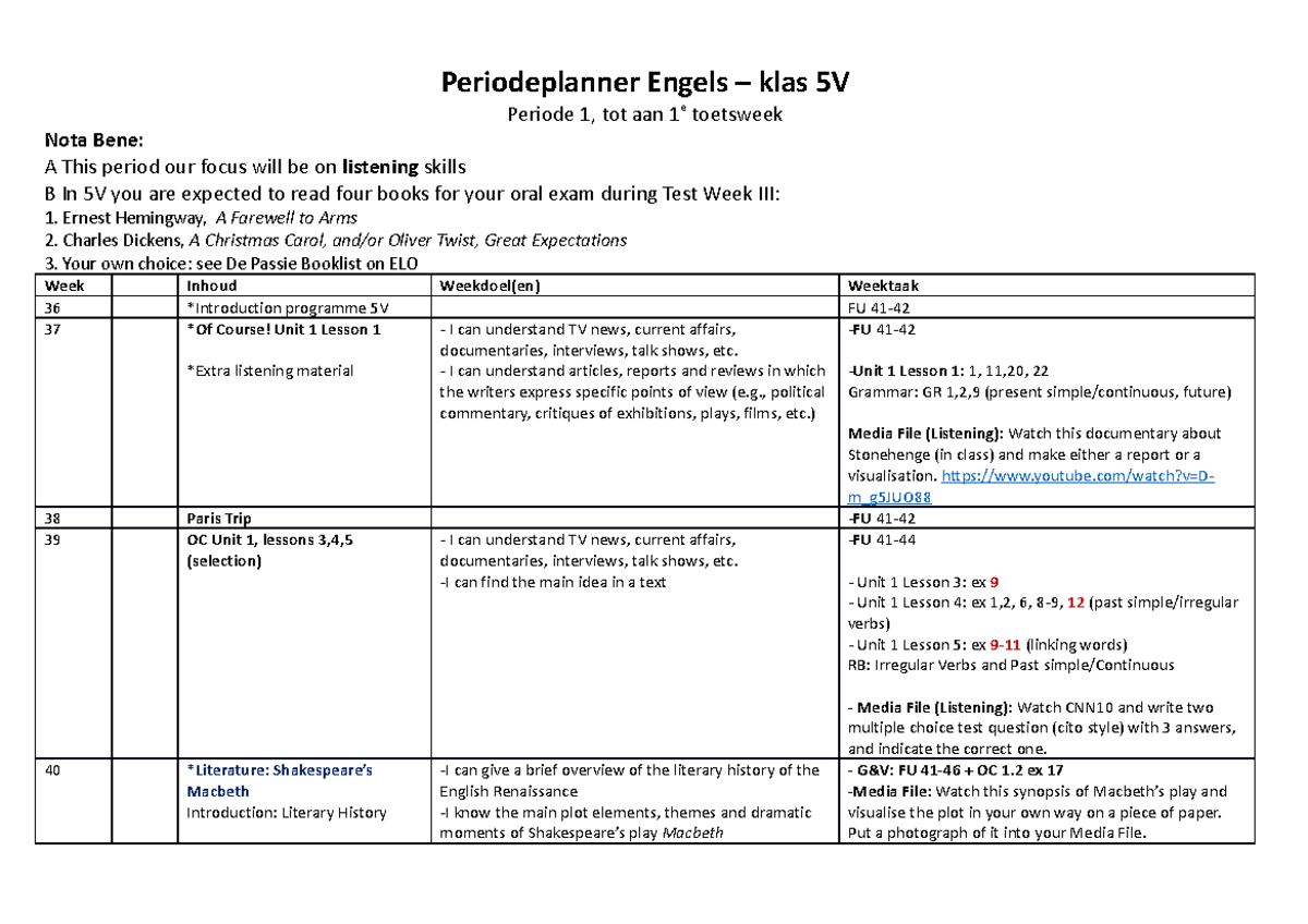 Oefenen 1e periode engels - Periodeplanner Engels – klas 5V Periode 1