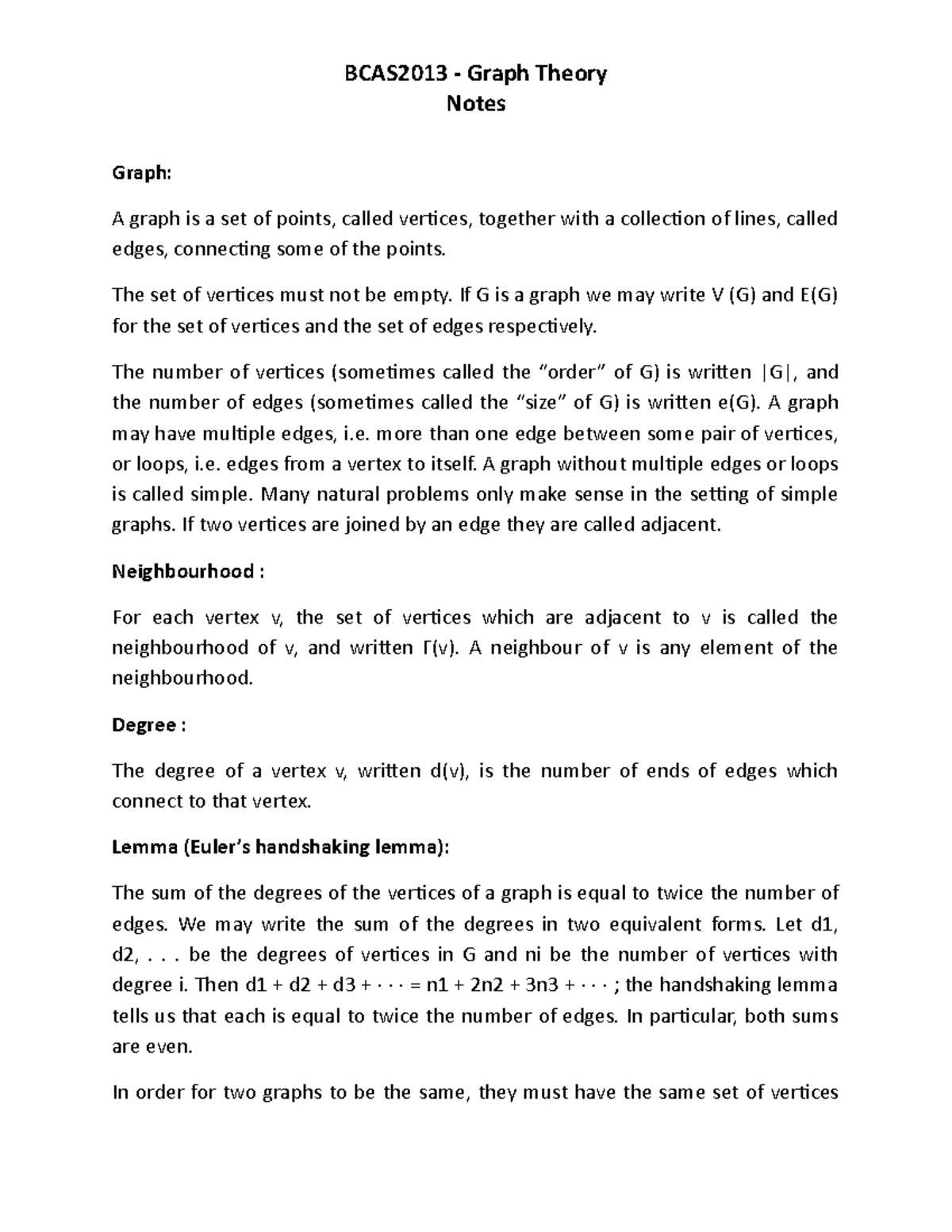 Graph Theory Notes - Notes Graph: A graph is a set of points, called ...