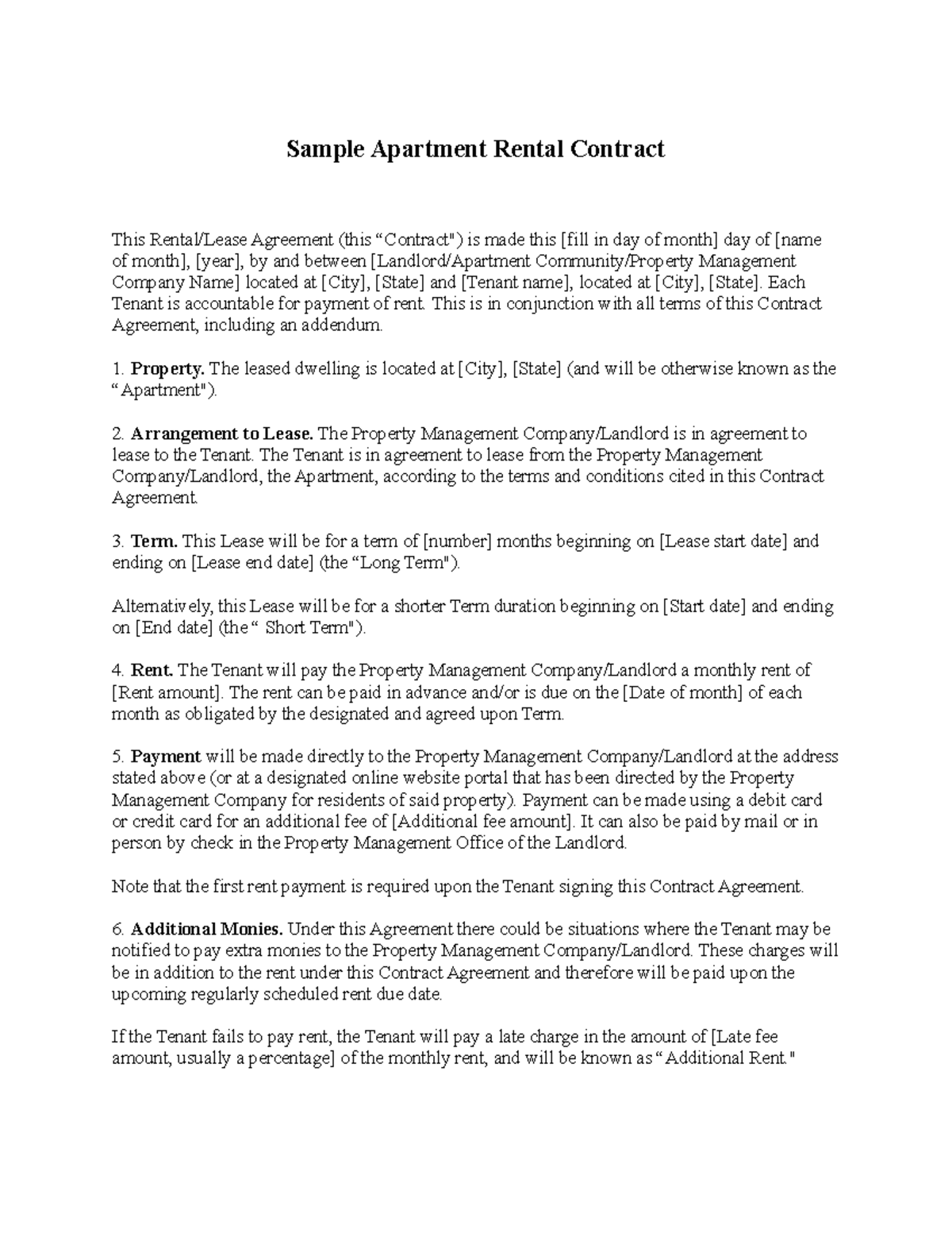 Sample Apartment Rental Contract Each Tenant is accountable for