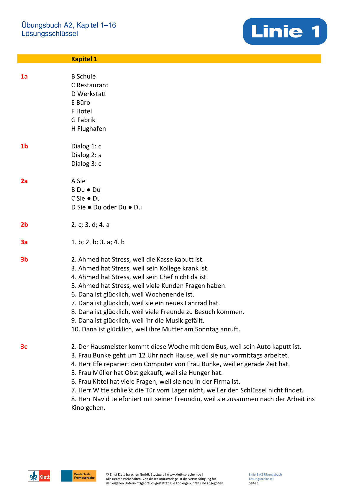 Linie 1 A2 Ue B Loesungen - Lösungsschlüssel © Ernst Klett Sprachen ...