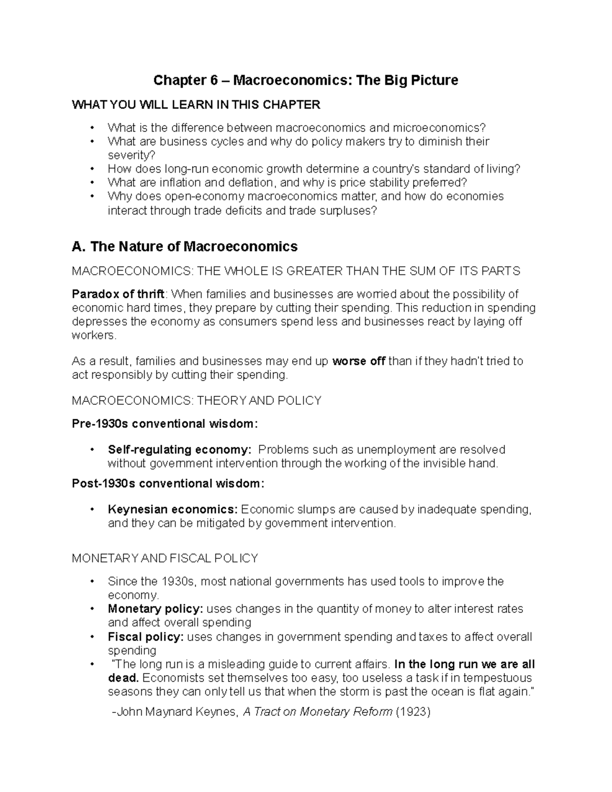 Chapter 6 Notes - Chapter 6 – Macroeconomics: The Big Picture WHAT YOU ...