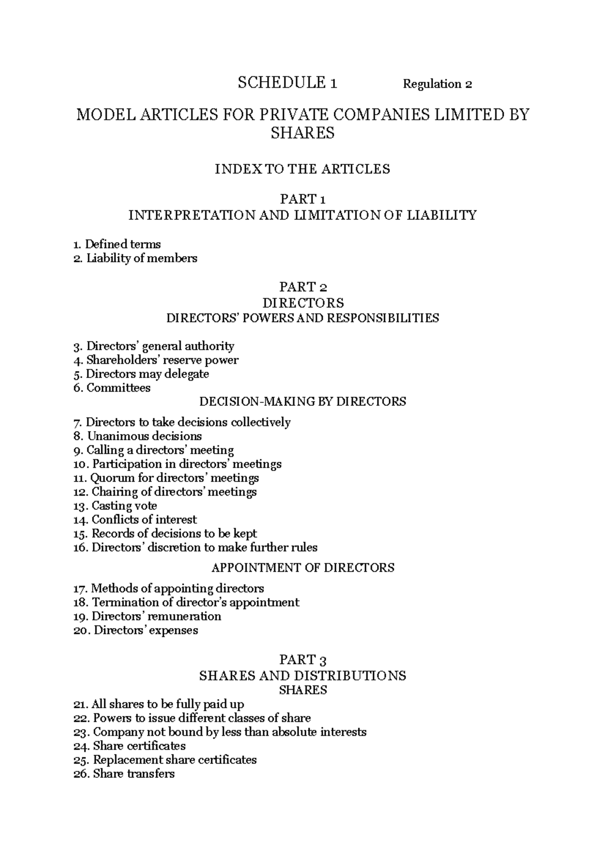Model Articles - n/a - SCHEDULE 1 Regulation 2 MODEL ARTICLES FOR ...
