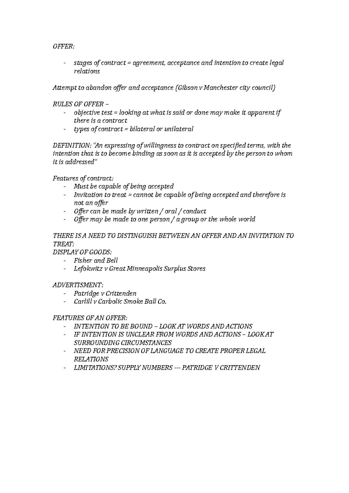 Offer Acceptance - concise summary - OFFER: stages of contract ...