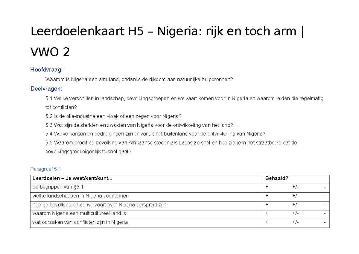 Leerdoelen H5 A2 - asd - Leerdoelenkaart H5 – Nigeria: rijk en toch arm |  VWO 2 Hoofdvraag: Waarom - Studeersnel