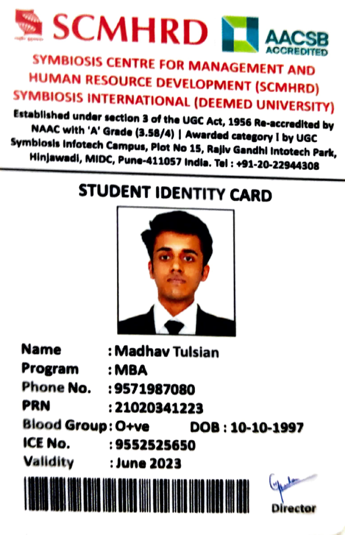 Hostel-college id card - SCMHRD AACSB ACCREDITED SYMBIOSIS CENTRE FOR ...