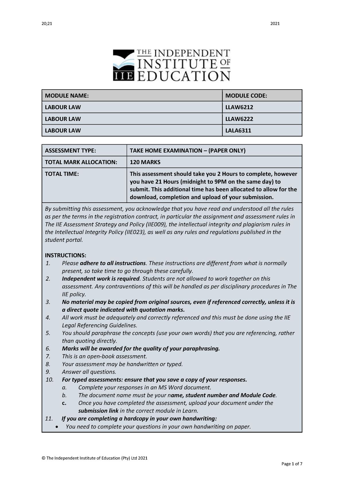 Take-Home Labour Law examination for 2021 - MODULE NAME: MODULE CODE ...