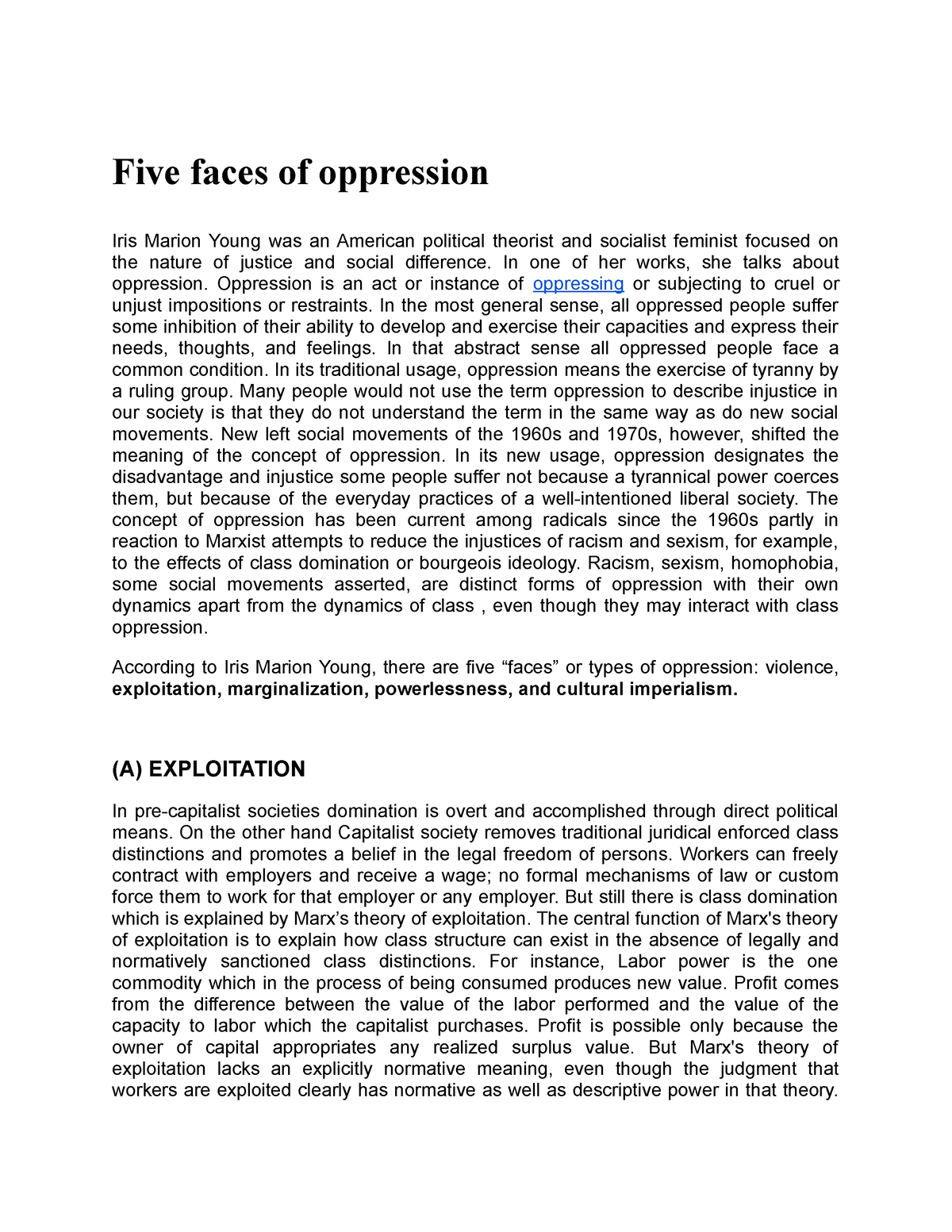 importance of oppression essay