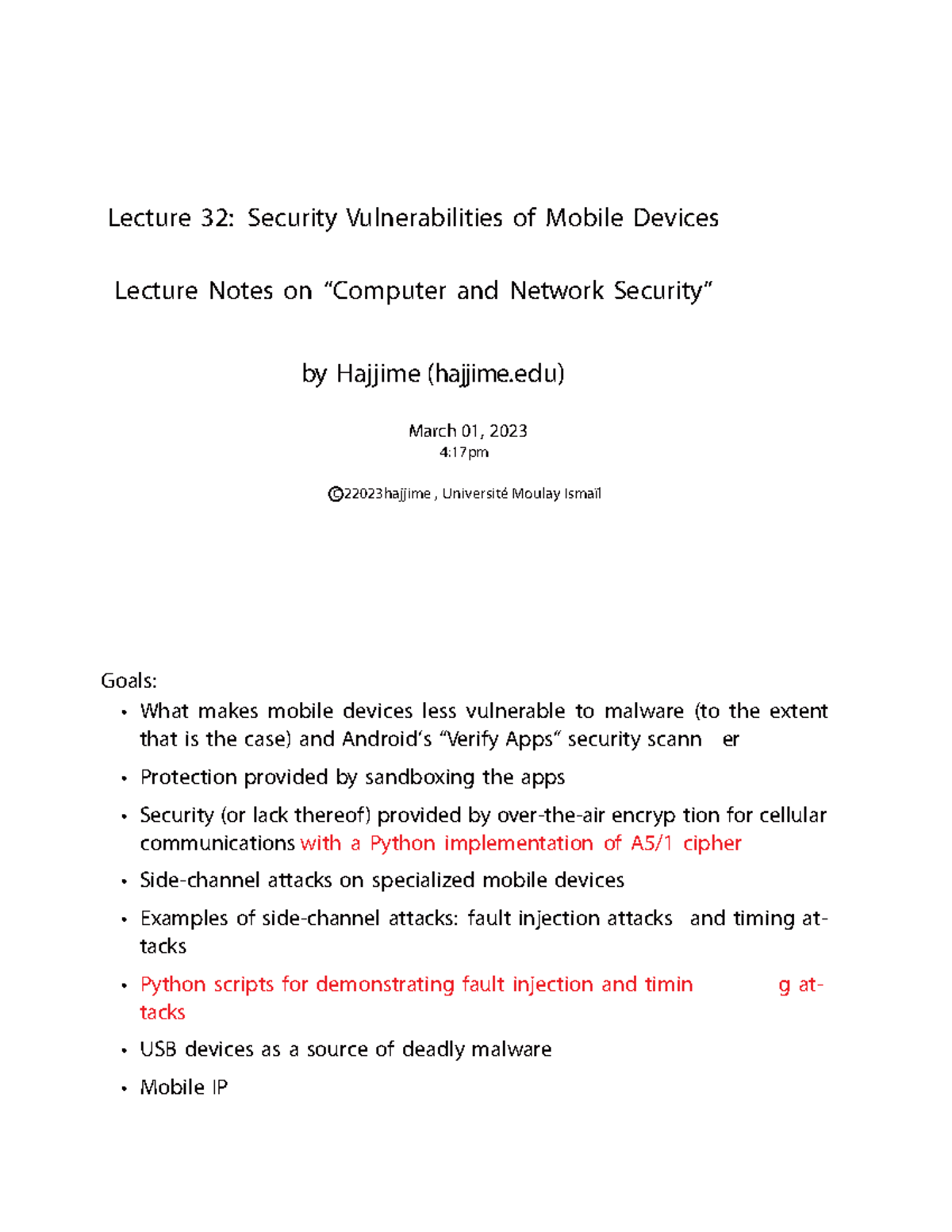 Security Vulnerabilities of Mobile Devices Hajjime Lecture 32