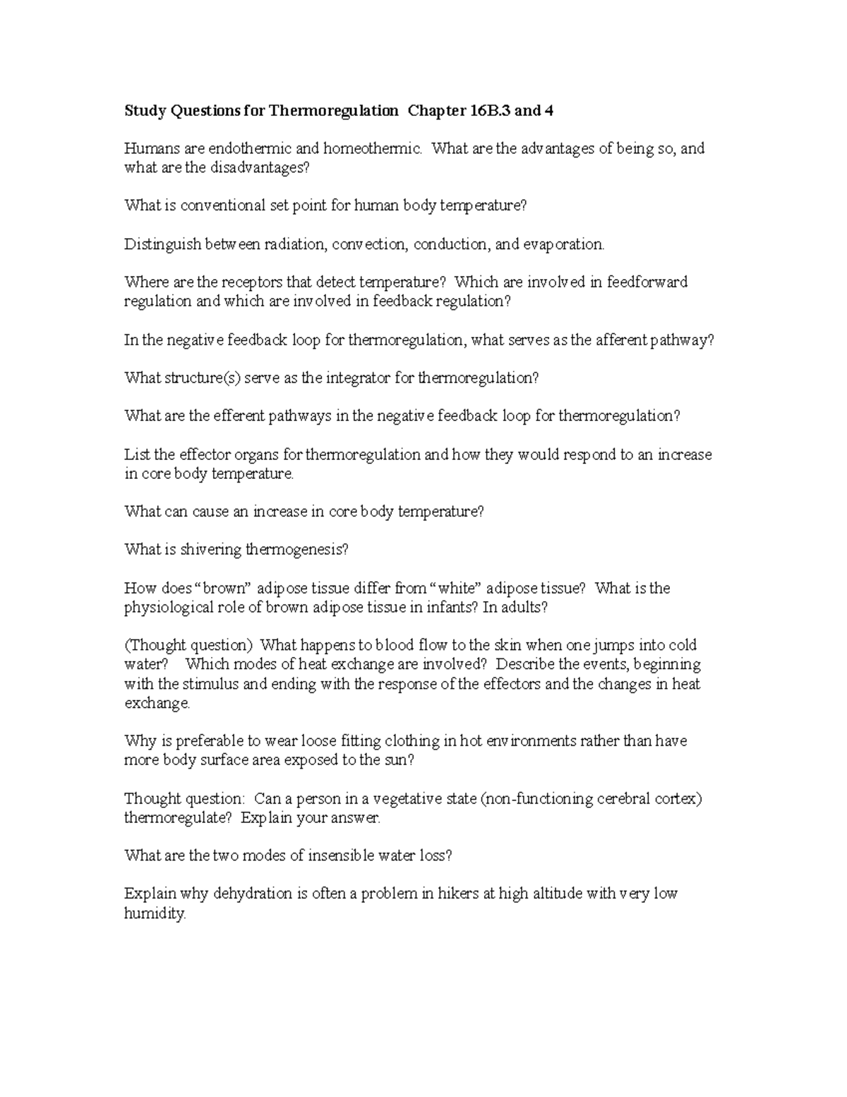 Thermoregulationquestions Study Questions for Thermoregulation