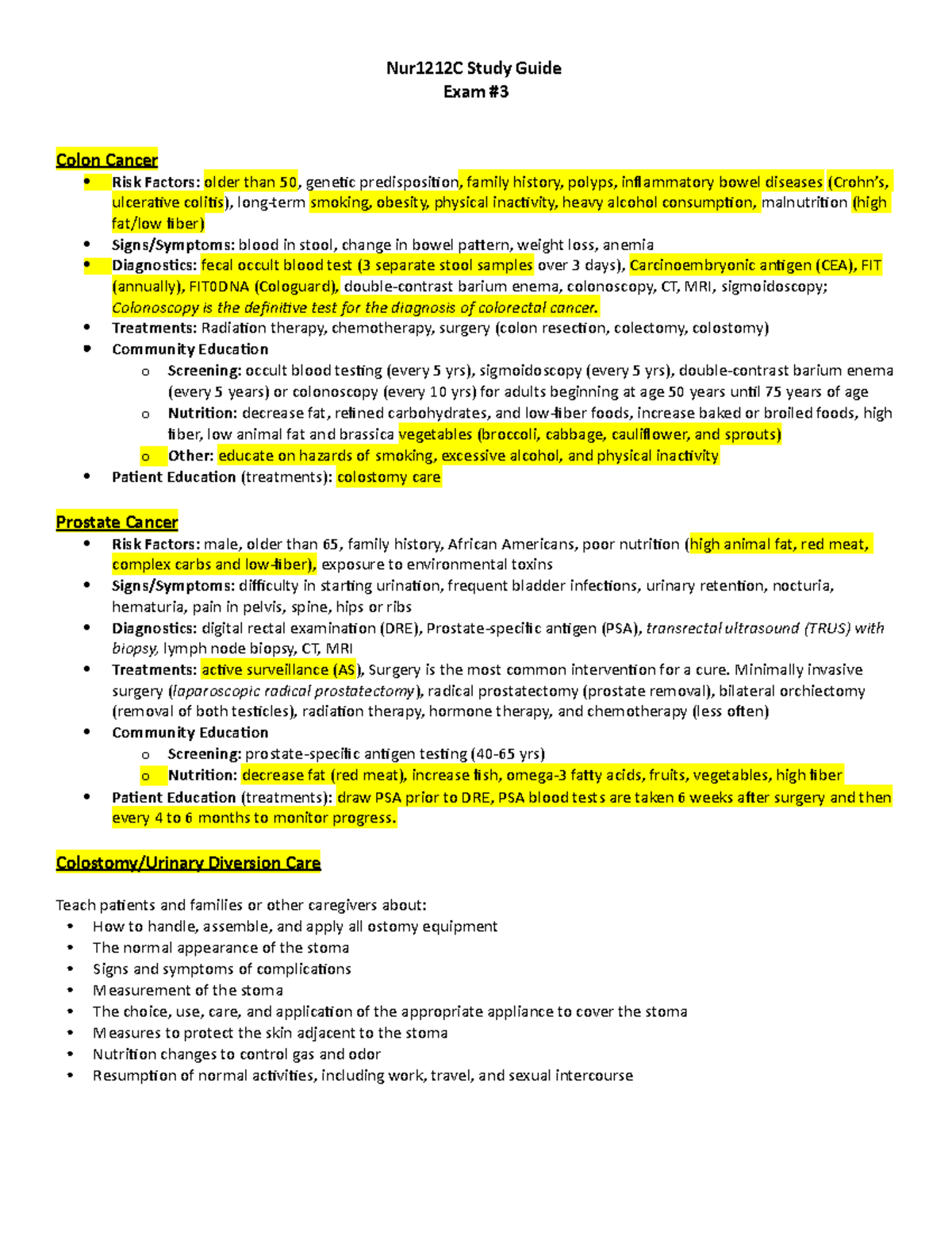 Study Guide #3 Exam Nur 1212 - Nur1212C Study Guide Exam Colon Cancer ...