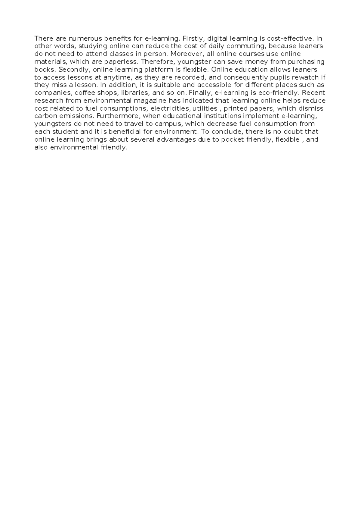 E-learning essay - There are numerous benefits for e-learning. Firstly ...