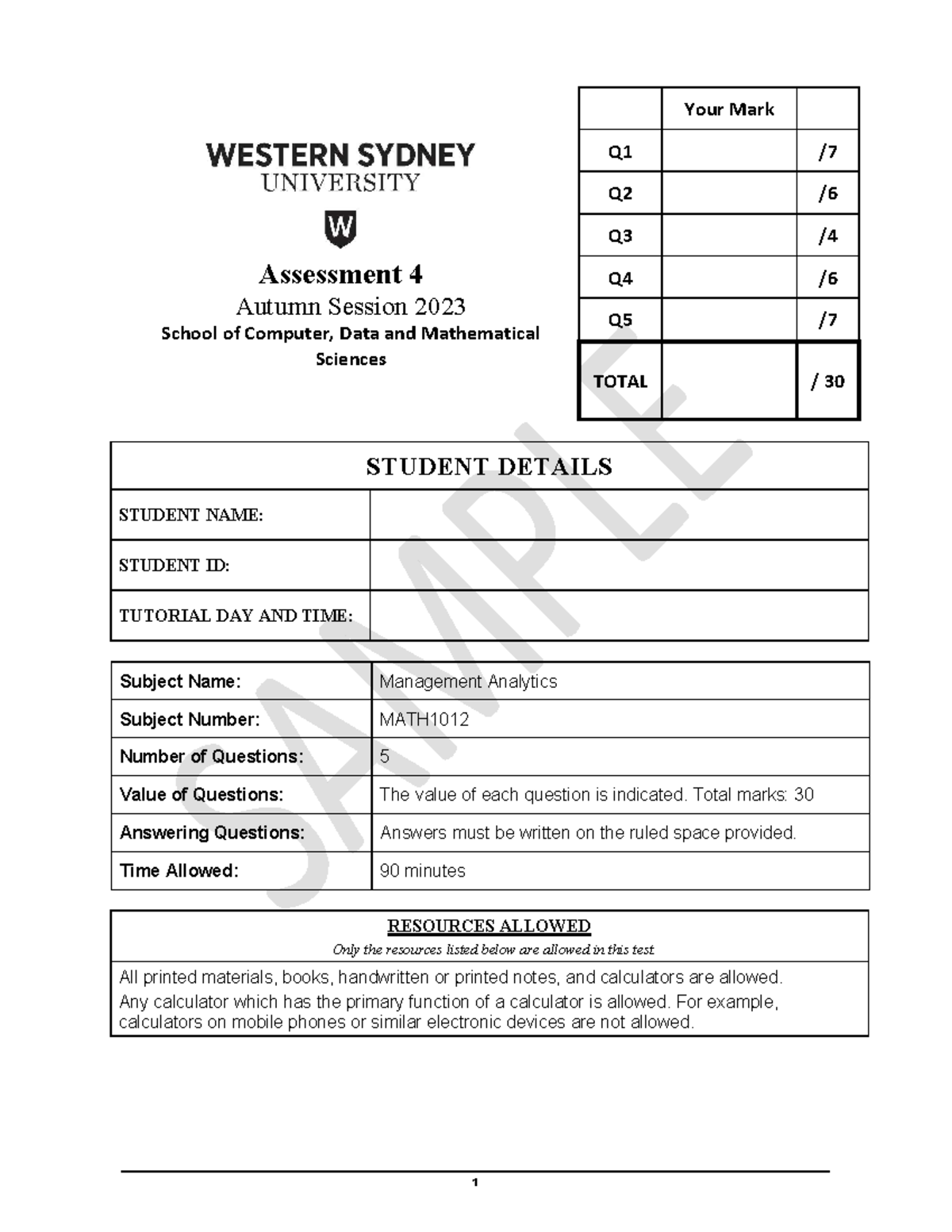 MA AT4 Sample Exam - N/A - Assessment 4 Autumn Session 2023 School of ...