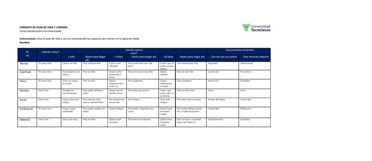 TM Evidencia 2- Intro a la UNIV - FORMATO DE PLAN DE VIDA Y CARRERA