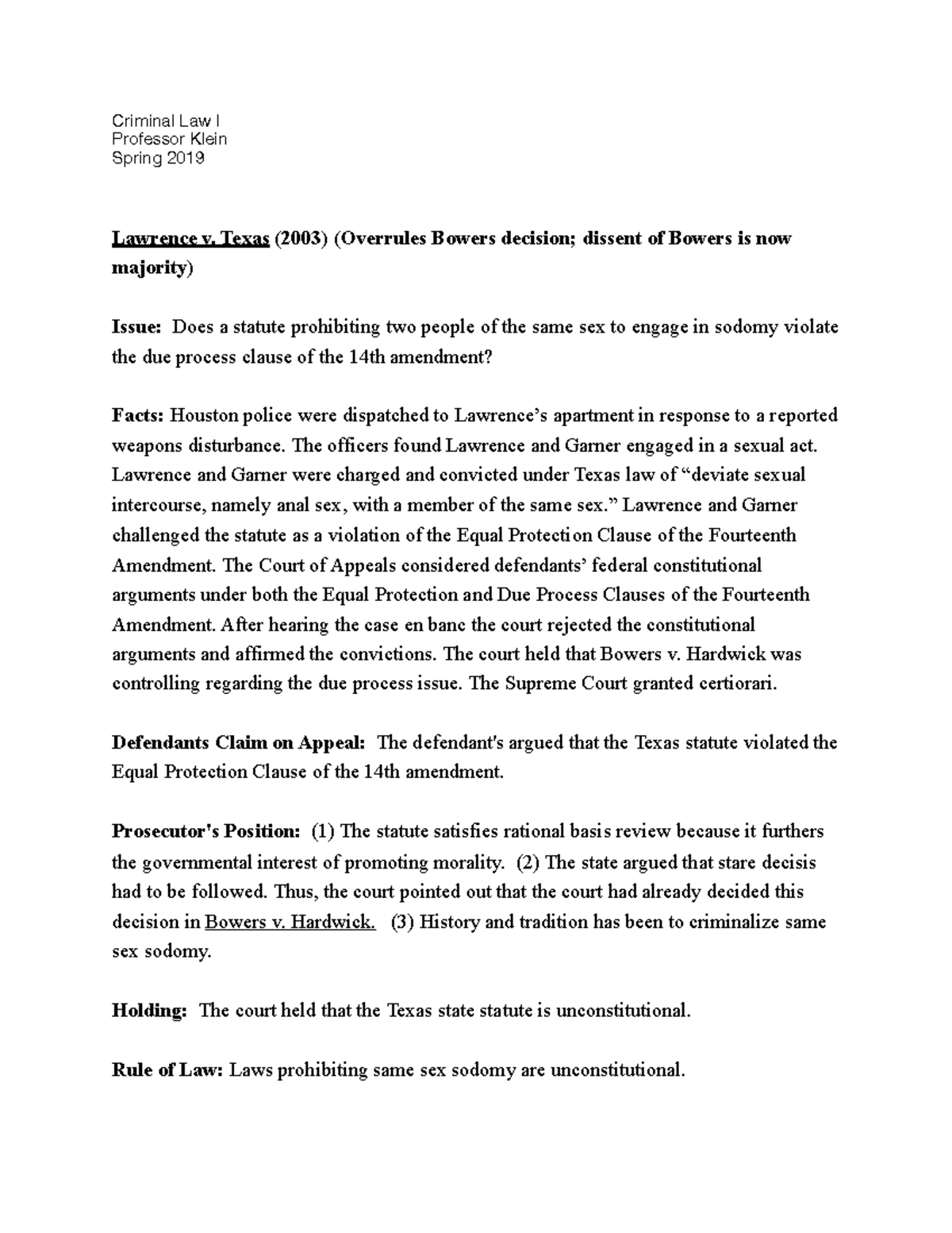 Case Brief on Sodomy of Same Sex - Criminal Law I Professor Klein ...