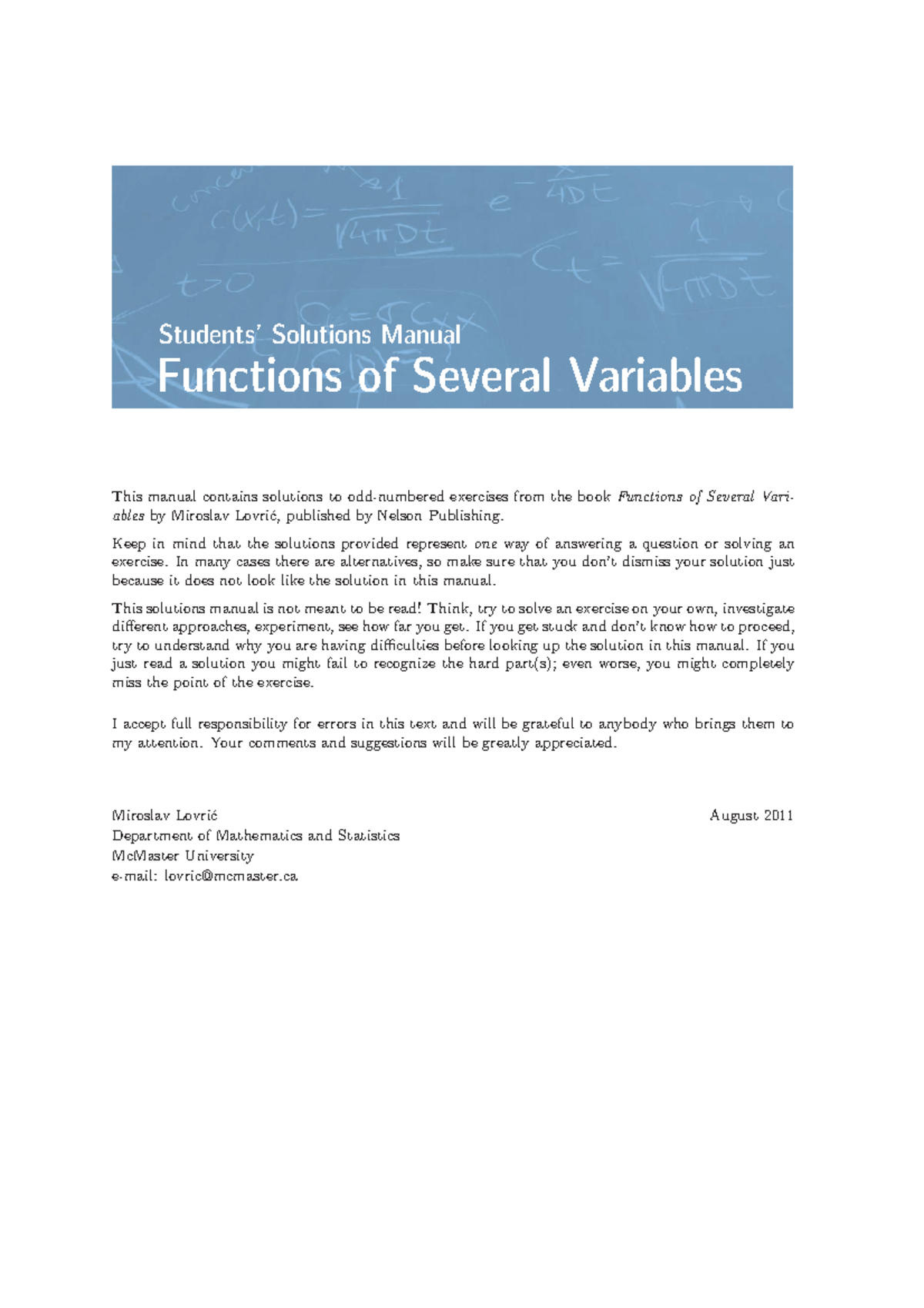 SV Solutions Manual (Functions of Several Variables) - Students ...