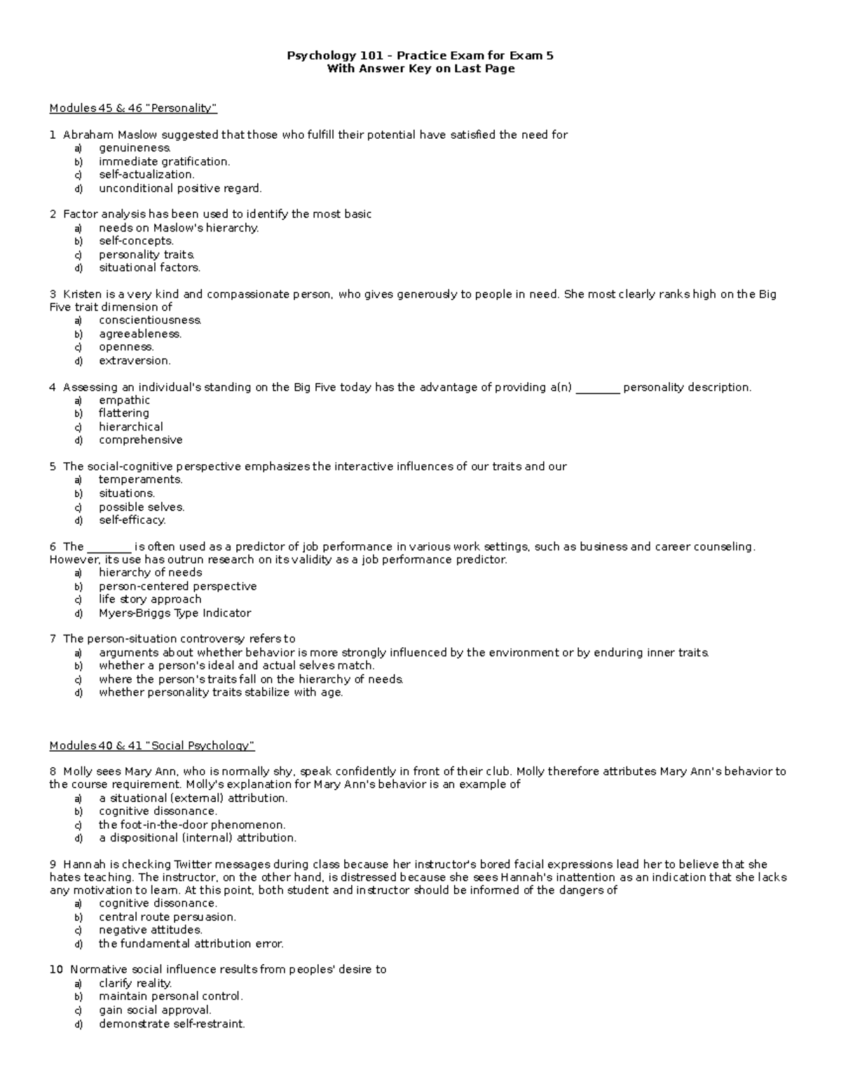 SP23 Psych 101 Practice Exam 5 with Answers - Psychology 101 – Practice ...