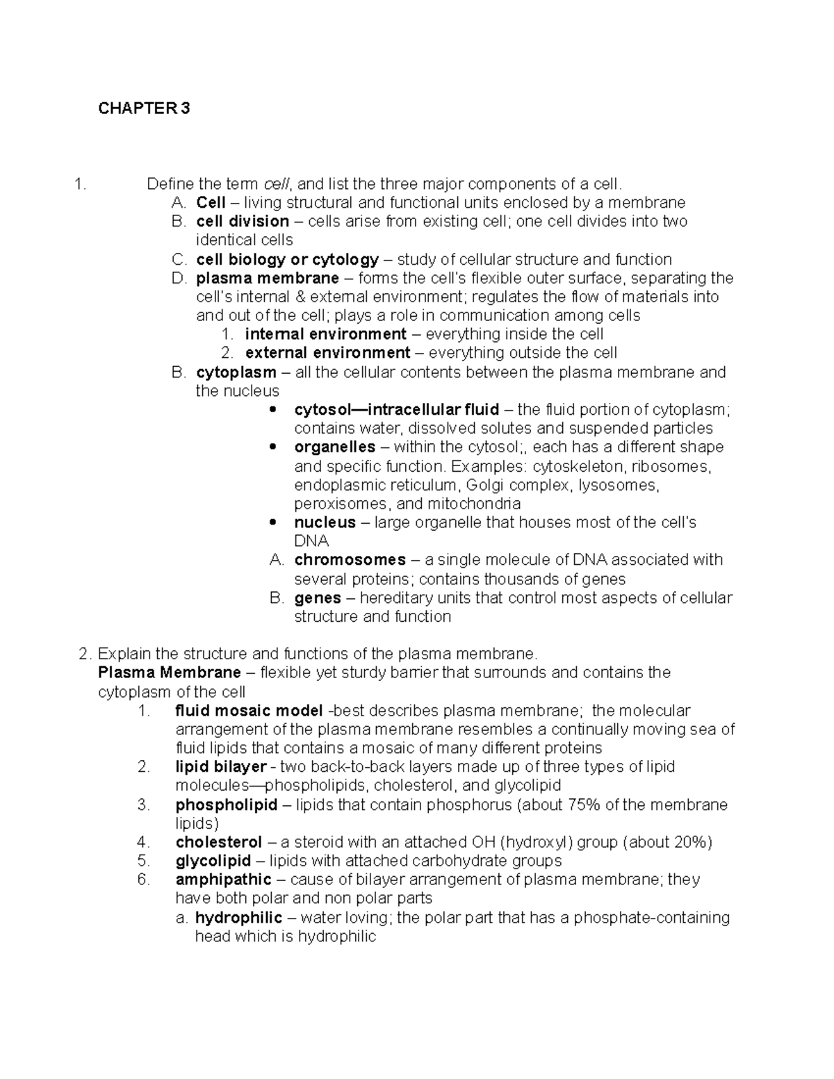 Bio 235 Ch 3 Study Guide - CHAPTER 3 Define The Term Cell , And List ...