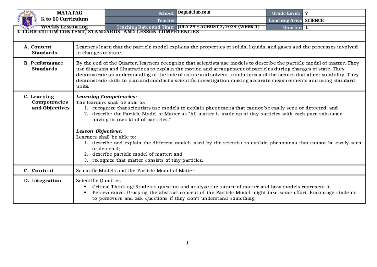DLL Matatag Science 7 Q1 W1 - I. CURRICULUM CONTENT, STANDARDS, AND ...