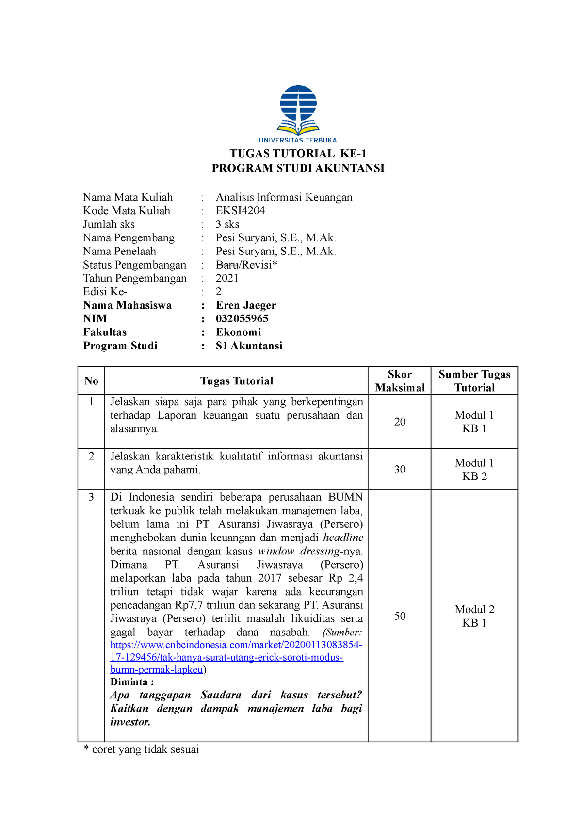 Soal Tugas 1 AIK - Penugasan Analisis Informasi Keuangan - TUGAS ...