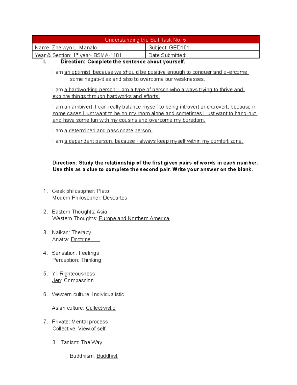 Understanding the Self GED101 TASK5 Mandatory Assignments ...