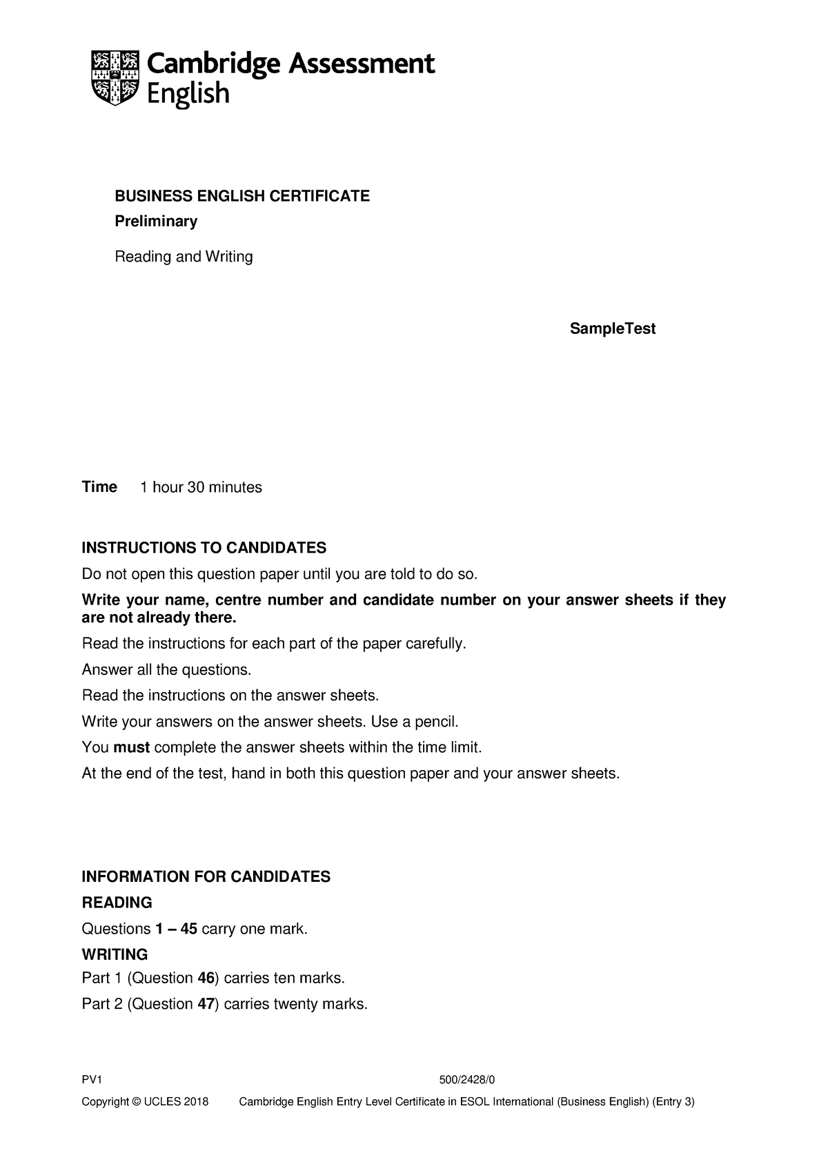 Business Preliminary Read Write Sample paper 2 - Full test - BUSINESS ...