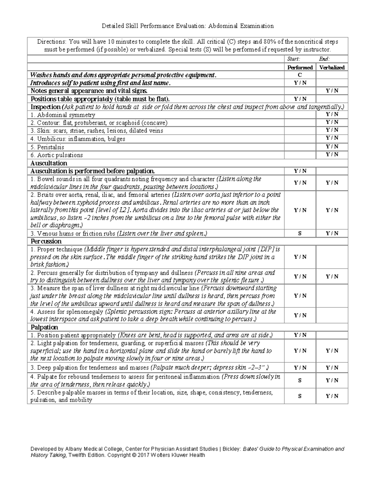 Abdominal exam detailed skill sheet 1 - Detailed Skill Performance ...