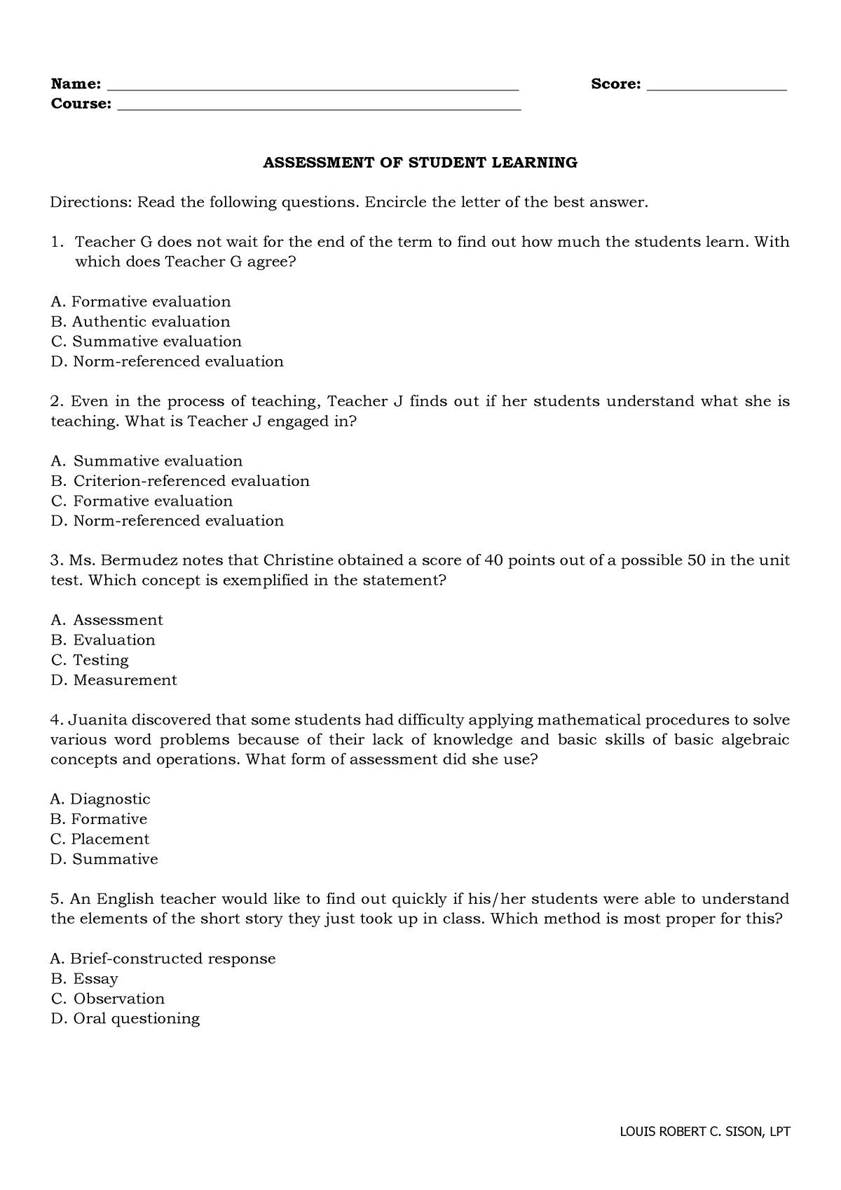 Assessment OF Student Learning Sample Questions - Name: - Studocu