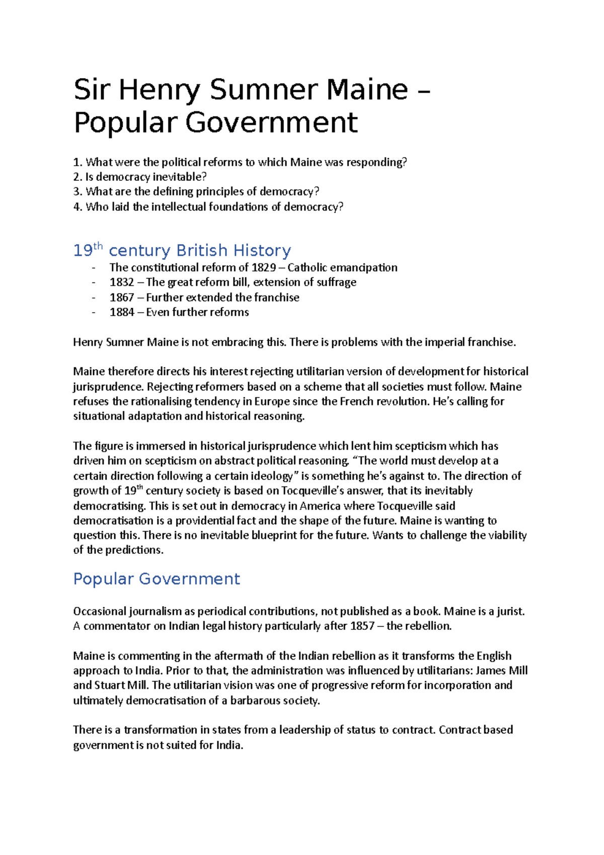 Sir Henry Sumner Maine Popular Government What were the political