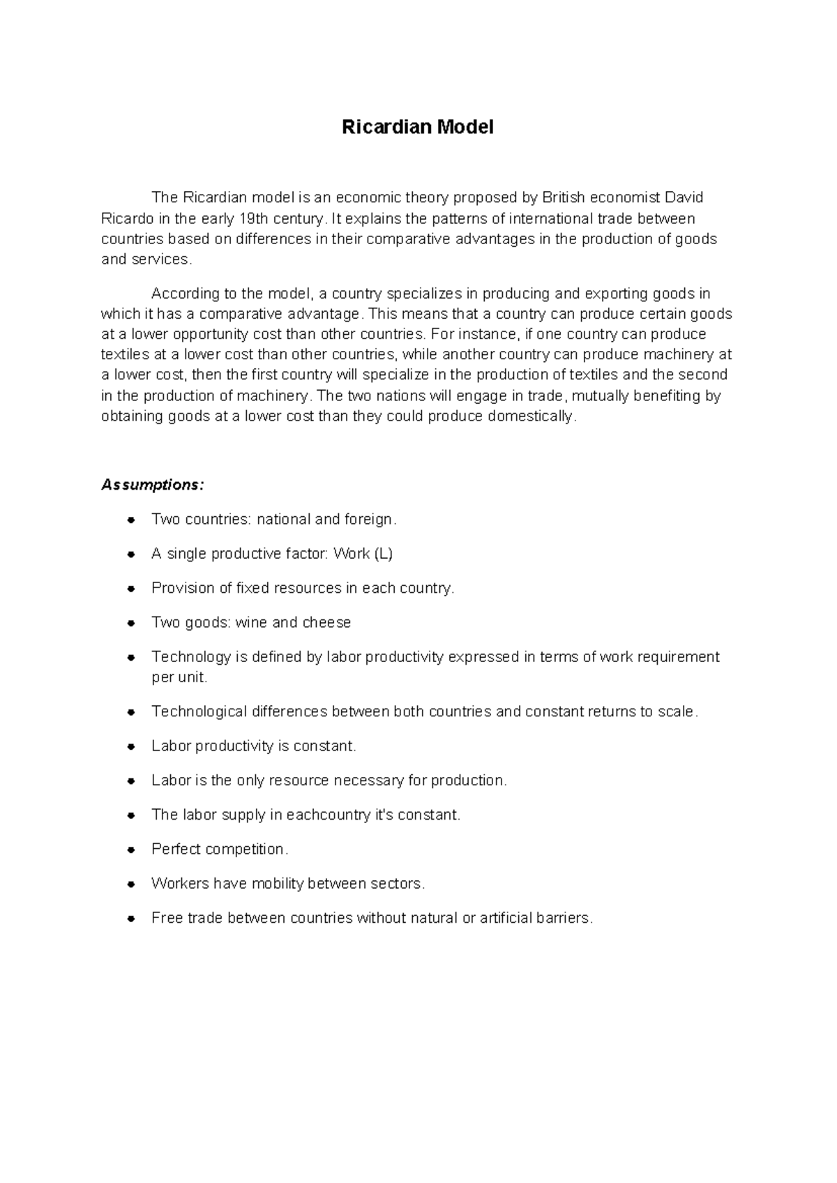 Ricardian Model - It explains the patterns of international trade ...