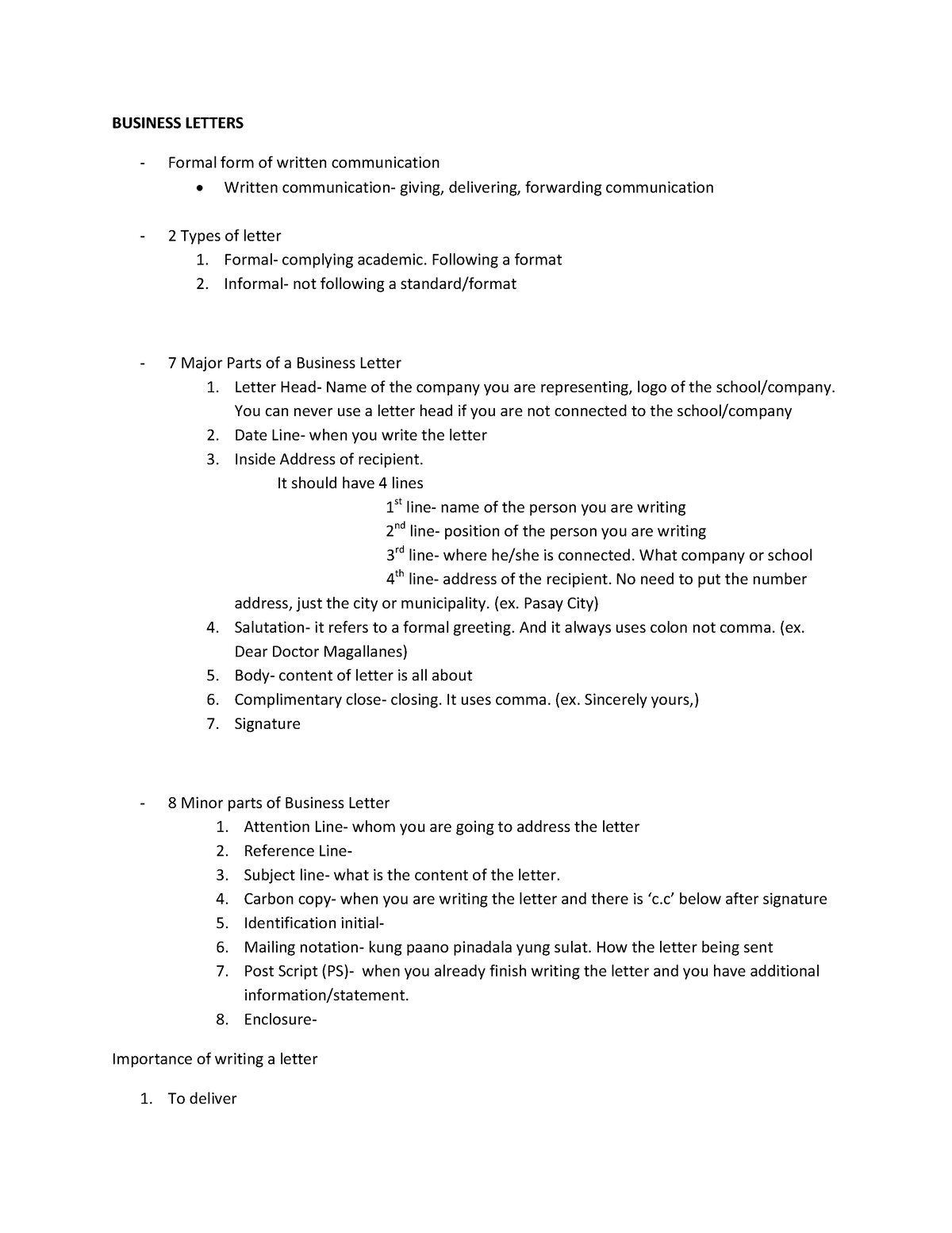 Business Letters Notes - BUSINESS LETTERS Formal form of written ...