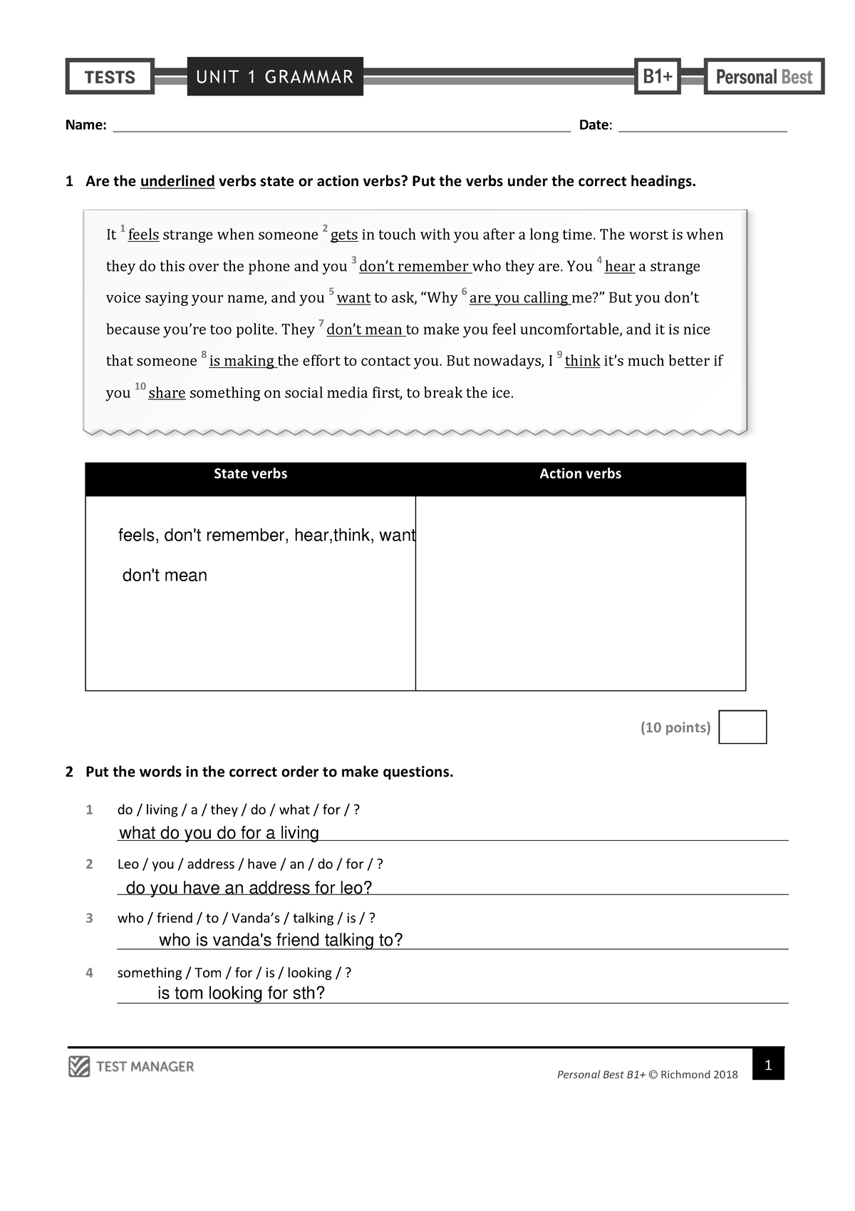 Personal Best B1 Unit 1 Grammar Test - UNIT 1 GRAMMAR 1 Personal Best ...