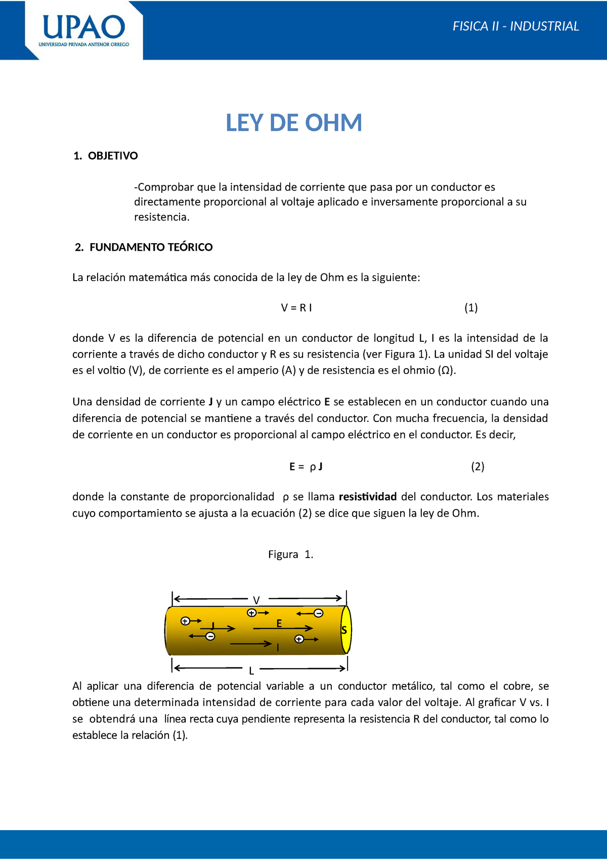 S11 Informe DE LEY DE OHM- Fisica II 2021-I - V J E I S L 1. OBJETIVO ...