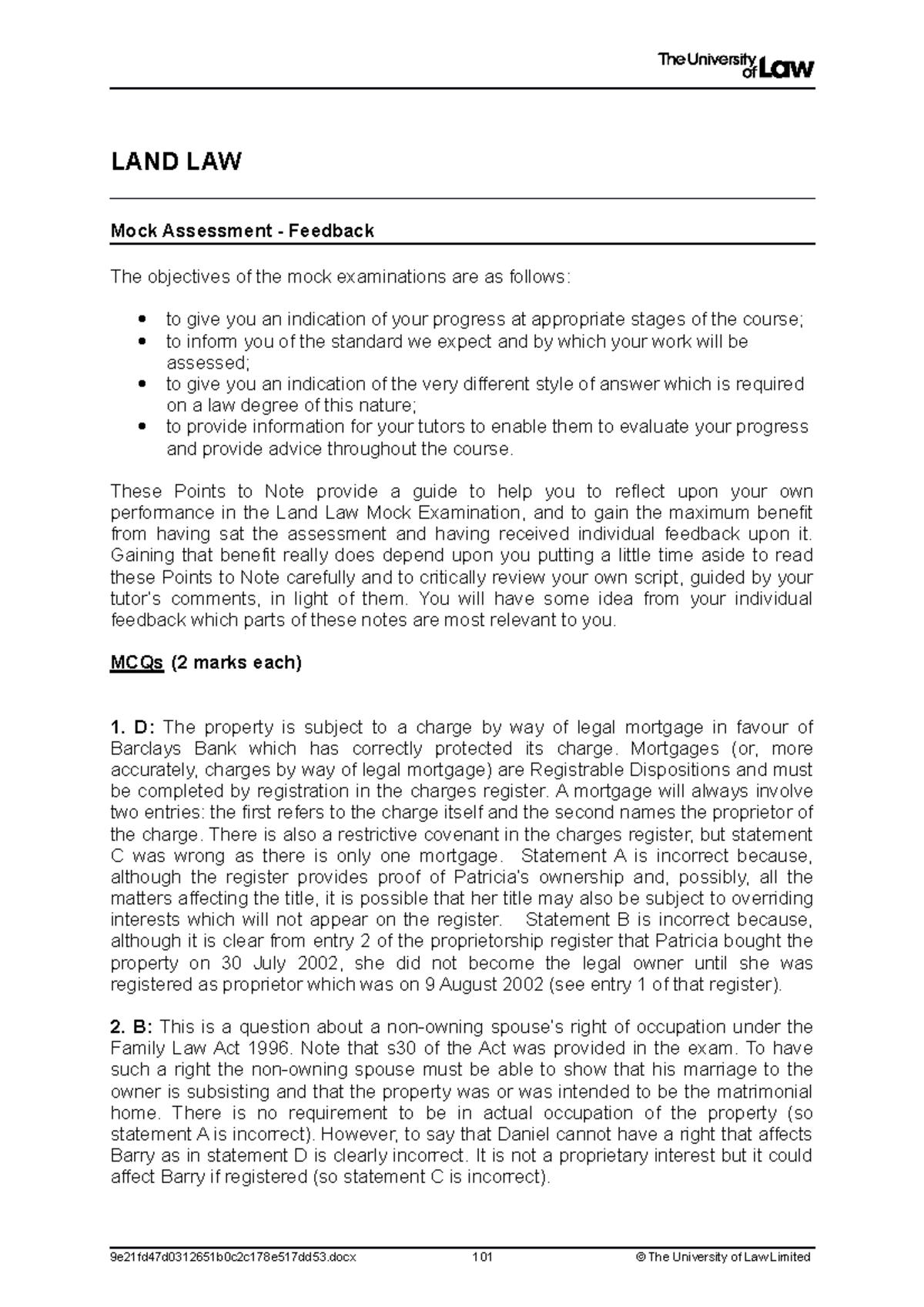 2122 land law mock exam sample answer LAND LAW Mock Assessment