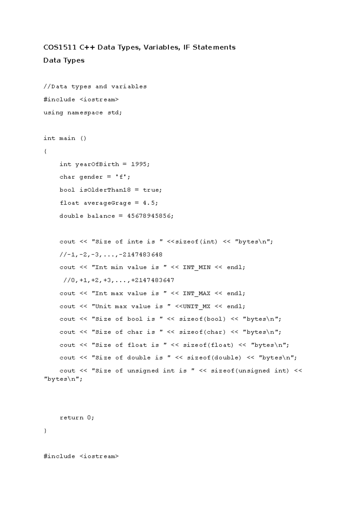 COS1511 C++ Data Types, Variables, IF Statements .., cout