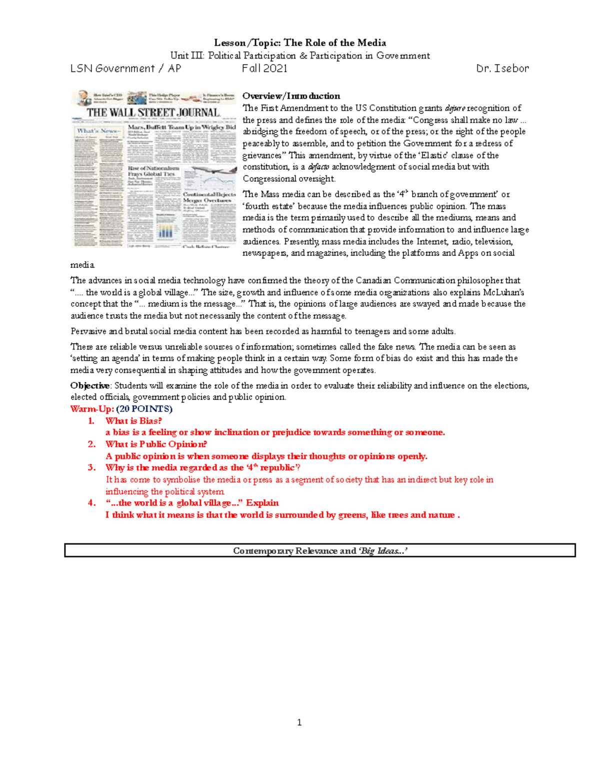 Mass Media The Role of the Media - Unit III: Political Participation ...